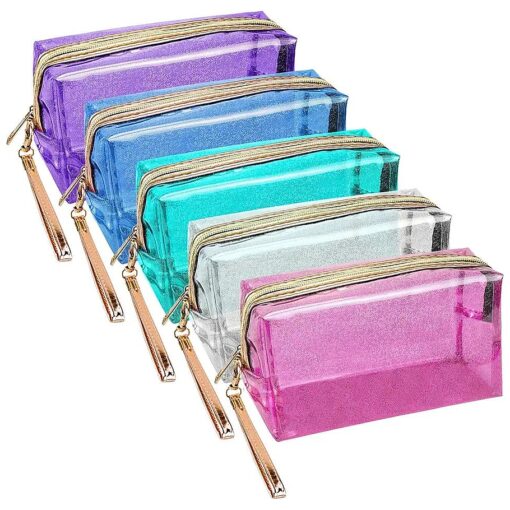 Meetory 5 Pack Waterproof Cosmetic Bag Portable Translucent Makeup Bag Zippered Travel Toiletry Pouch for Vacation, Bathroom, Organizing