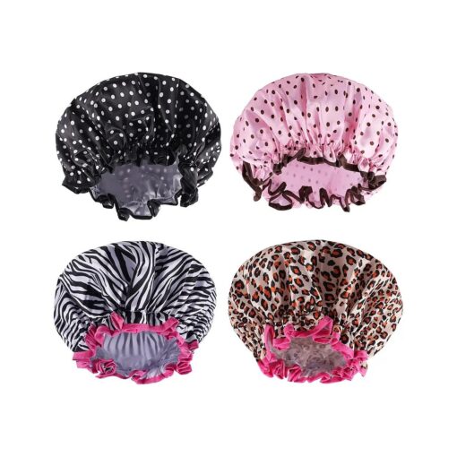 4 Pcs Reusable Shower Cap, Waterproof Shower Cap Elastic Double Layers Shower Hat Bath Caps for Women