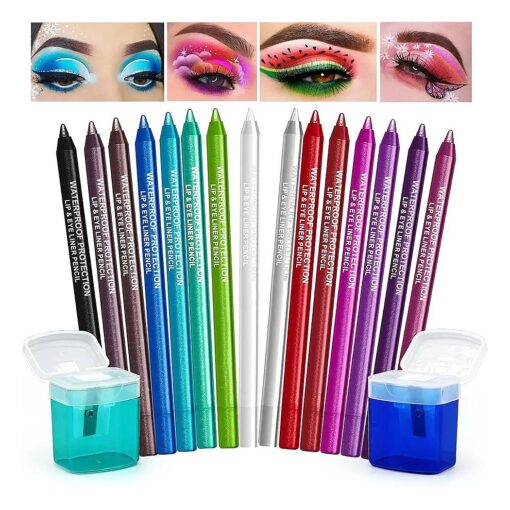 15 Color Eyeliner Pencil Set, Waterproof Eyeliner Pen Colorful Eyeliner with 2 Eyeliner Sharpener Glitter Eyeliner Kit Long Lasting Eye Makeup Set Gift Eye Liners for Women Girl ( 15 Colors )