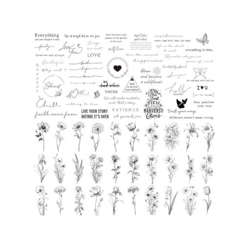 Esland Realistic Temporary Tattoos - 60 Sheets Small Fake Tattoos, 30 Pcs Meaningful Scripts Words Tattoos, 30 Pcs Line Art Wild Flower Nature Tattoo Stickers for Women and Men