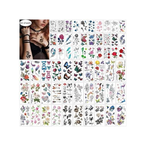 60 Sheets Waterproof Butterfly Flower Temporary Tattoos Stickers for Women, Multiple Design Styles