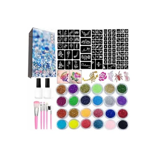 Temporary Glitter Tattoos Kit for Kids, 24 Body Glitter, 2 Glue, 5 Brushes, 187 Stencils, Kids or Adults Halloween Makeup Kit, Gift for Kids Birthday Party Festival