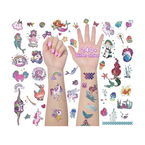 Glitter Unicorn Temporary Tattoos for Kids, 24 Sheets Waterproof Mermaid Tattoos Stickers 240+Pcs, Girls Gifts Birthday Party Baby Shower Favor Supplies, Goodie Bags Fillers & Classroom Exchange