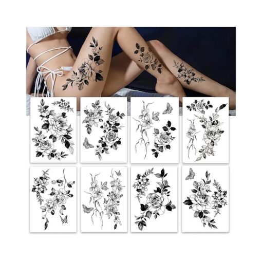 Temporary tattoos for women sexy thigh chest shoulder stomach Large flower huge fake tattoos, Exquisite and aesthetic, Designed By Real Tattoo Artists | Roarhowl tattoo rose 8 sheets