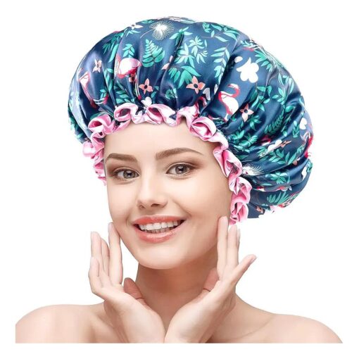 mikimini Large Shower Cap for Women Long Hair, Flamingo Shower Caps with Pink Lace, Double-layer Waterproof, Reusable, Washable, X-Large ( Pack of 1 )