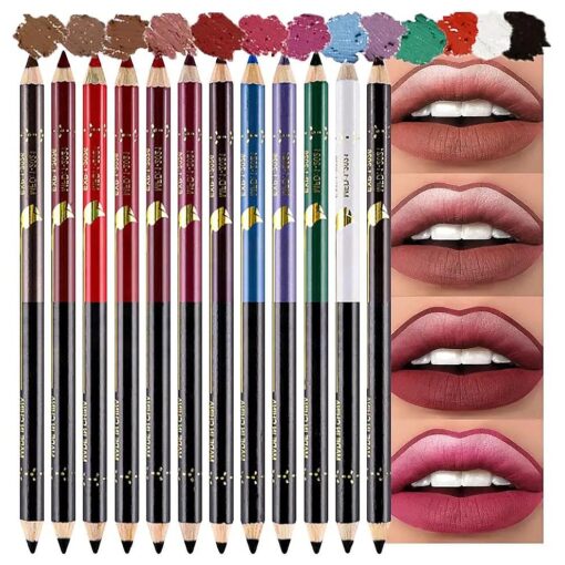 12 Pcs Double Head Rich Vibrant Colors Lip Liner Pencils Eye Liner Sticks Set with Sharpener for Daily Makeup, Easy to Apply & Remove, Waterproof ( A )