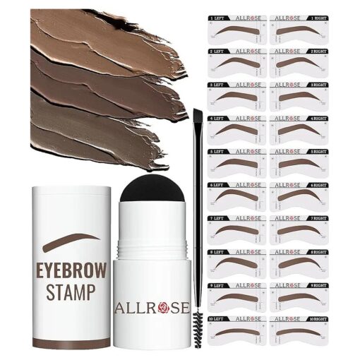 ALLROSE Eyebrow Stamp Stencil Kit - Eye Brow Stamping Kit, One Step Brow Stamp Kit, 20 Brow Stencils and Stamp Kit, Waterproof Perfect Eyebrow Kit, Easy to Use, Light Brown