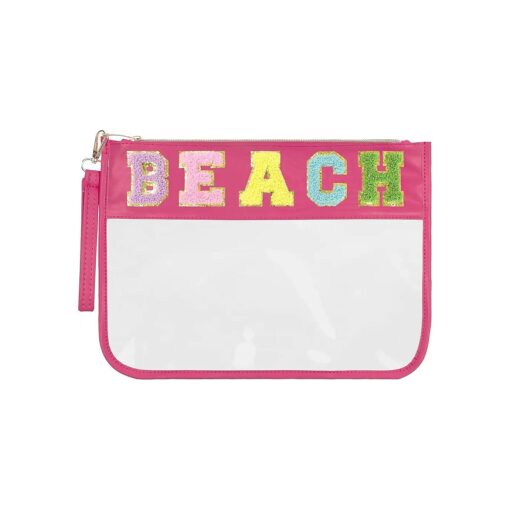 Beach Bag, Sunscreen Bag, Chenille Letter Clear Zipper Pouch for Travel Preppy Patch Makeup Bag-Nylon Cosmetic Preppy Makeup Waterproof Organizer Bag Set for Women Valentines Bag ( MH-BEACH )