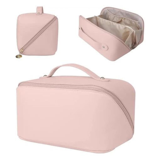 New Large Capacity Travel Cosmetic Bag for Women ? PU Leather Waterproof Portable with Handle and Divider ? Hanging Travel Toiletry Bag Cosmetic ( Pink )