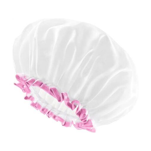 mikimini White Shower Cap Pack of 2 Waterproof Reusable Double Layers Bathing Hair Caps with Soft Comfortable PEVA Lining, Cute, Non-fading & Stretchy Shower Hat Medium White