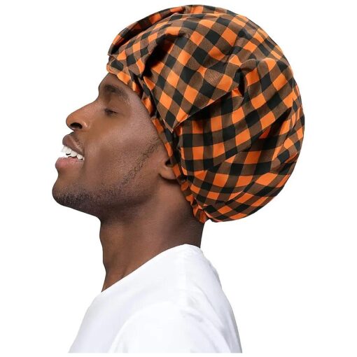 Large Waterproof Shower Cap for Men - Kenllas Reusable Adjustable Bath Cap for Dreadlock Braids Curly Hair ( Orange )