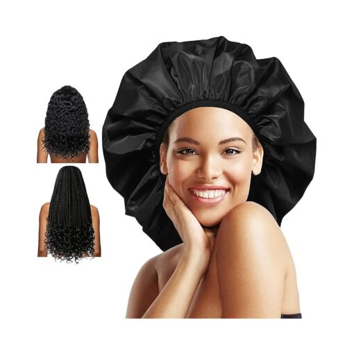 Auban Extra Large Shower Cap, Double-Layer Waterproof Reusable, XL Satin Lining Shower Bonnet for Women Thick, Long Hair, Locs, Braids ( Black )