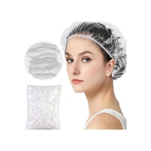 17.7" 50pcs Disposable Shower Caps, Hotel Travel Accessories Deep Conditioning Hair Care Cleaning Supplies, large Plastic Clear Hair Cap Thick Waterproof Bath Caps for Women ( Size 45CM )