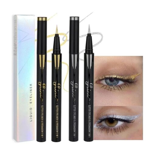 evpct 2Pcs Glitter Sparkling Shimmer Gold & Silver Liquid Eyeliner Makeup Pen Set, Metallic Satin Finish Colorful Colored Sparkle Eye Liner Pen Waterproof Smudge Proof Long Lasting High Pigmented