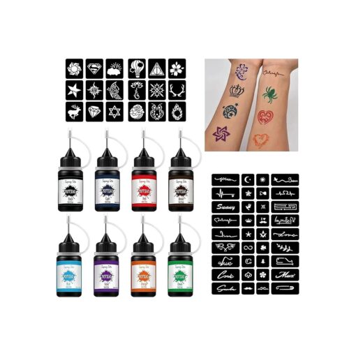 Temporary Tattoo Kit/Waterproof Lasting for 3-7 days ( Natural Plants Based ) Including 178 Pcs Free Stencils/Temporary Tattoo ink 8 Bottles with 8 Colors Suitable for Kids and adults