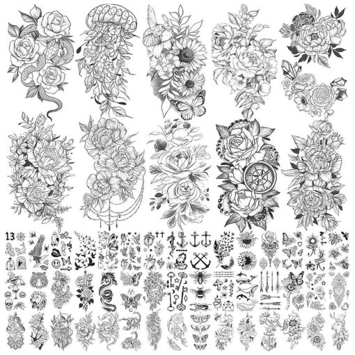 Yazhiji 70sheets Waterproof Temporary Tattoo for Girls or Boys Kids 10sheets Larger Half Arm Snake Sunflower Peony Fake Tattoos for Men or Women And 60 sheets Tiny Butterfly Feather Tat Sticker