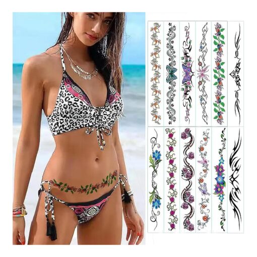 Sexy Flower Navel Tattoo Stickers 12 Sheets Long Belly Abdomen Waist Back Waterproof Temporary Tattoos for Women Girls Fake Body Tattoos