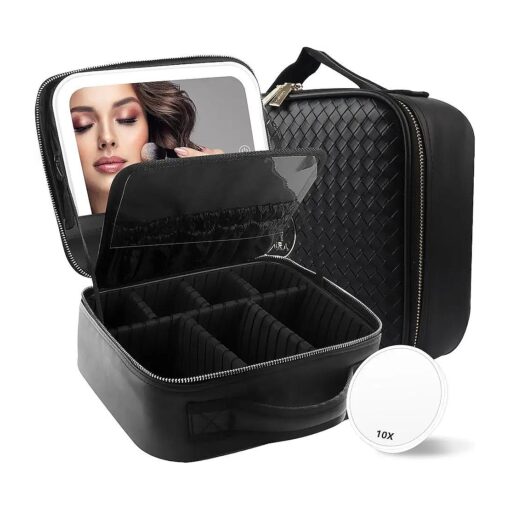 Travel Makeup Bag Cosmetic Bag Makeup Organizer Bag with Lighted Mirror, Adjustable Brightness in 3 Color Scenarios, Waterproof Makeup Train Case, Gift for Women - Woven black