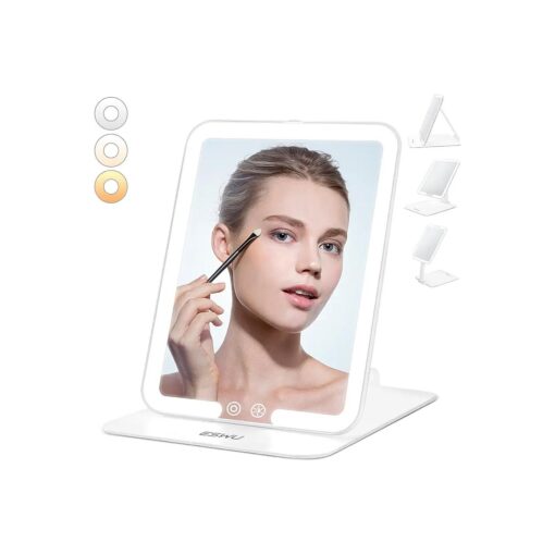 Travel Makeup Mirror with Light, Portable Folding Make Up Tabletop Mirror with 58 LEDs 3 Colors Light Modes Rechargable Compact Vanity Mirror with Adjustable Stand ( White )