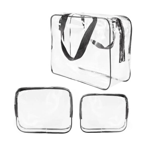 3Pcs Crystal Clear PVC Travel Toiletry Bag Kit for Women Men, Waterproof Vinyl Organizer Makeup Bags with Zipper Handle Straps, Cosmetic Bag Pouch Carry on Airport Airline Compliant Bag Handbag