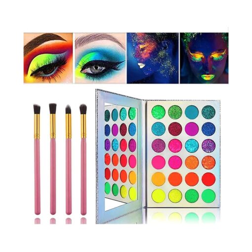 Kalolary Neon Eyeshadow Glow Palette UV Glow Blacklight Matte and Glitter, 24 Colors Highly Pigmented Eyeshadow Kit with 4 Brushes for Face Body Makeup