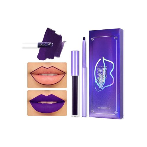 DAGEDA Matte Liquid Lipstick, 2Pcs Lip Liner and Lipstick Set, Waterproof Long-lasting Matte Lipstick Makeup Set, Non-Stick Cup Velvety Lip Stain Lip Gloss, Halloween Makeup Lipsticks Gift Set ( Purple )