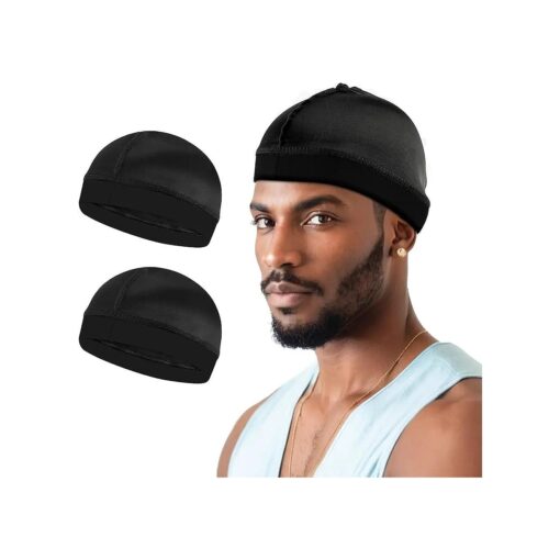 2Pcs Wave Cap Silky Stocking Wave Caps for Men, Good Compression Over Durag ( Black )