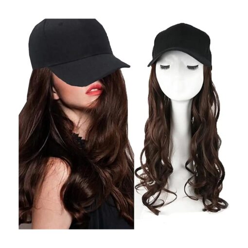 iLUU Dark Brown Baseball Cap with 22" Hair Synthetic Wavy Hairpieces Black Hats with Long Curly Body Wave Hair Piece Attached for Women Gilr Daily Party Use