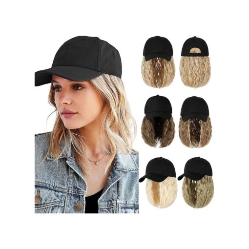 Qlenkay Baseball Cap with Hair Extensions 14inch Wavy Curly Bob Hairstyle Adjustable Wig Hat Attached Synthetic Hairpiece for Woman Light Brown Mix Ash Blonde