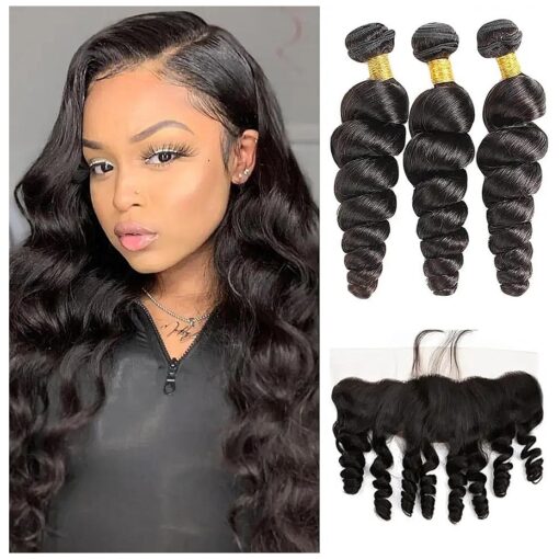 Loose Wave Bundles with Frontal Human Hair ( 20 22 24+18 ) 13x4 Lace Frontal with Bundles 100 % Human Hair Loose Wave Bundles Human Hair with Frontal