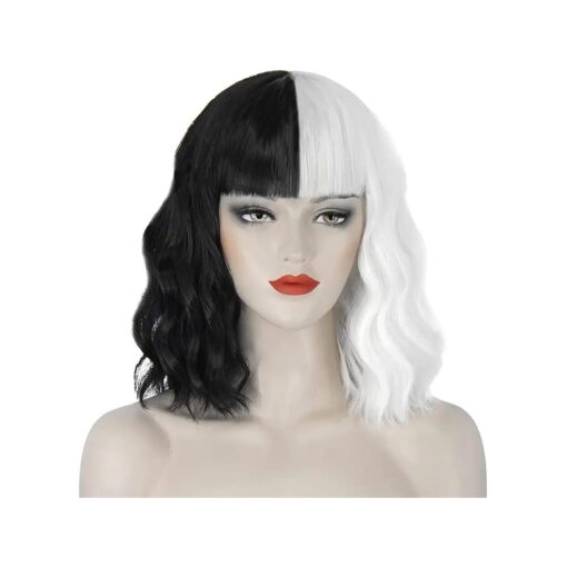 Cruella Deville Wig Black and White Cruella Wig for Women Cruella Deville Costume Short Wavy Wig Natural Cute Wigs for Cruella Costume Party JZ001BW