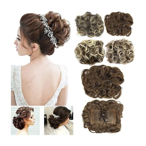 Short Messy Curly Dish Hair Bun Extension Easy Stretch hair Combs Clip in Ponytail Extension Scrunchie Chignon Tray Ponytail Hair piece Wig Hairpieces