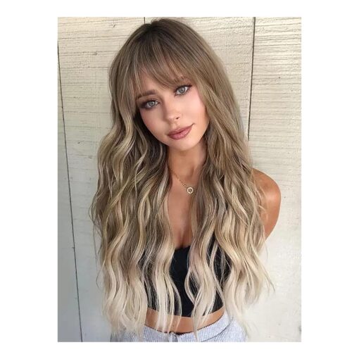 ORSUNCER Long Curly Wavy Synthetic Hair Wigs with Bangs for Women Ombre Ash Brown Blonde Heat Resistant Wigs for Daily Party Wig 26 Inches