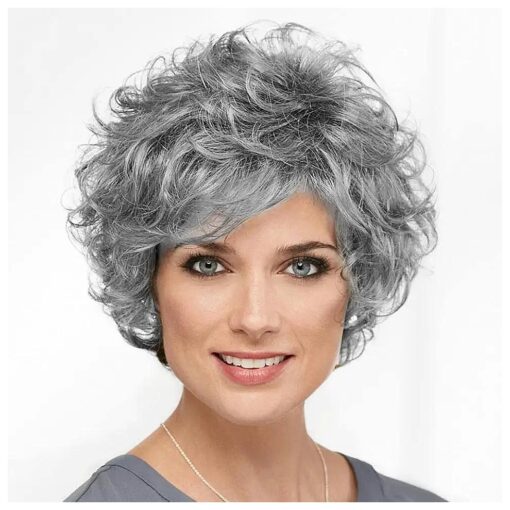 Short Wavy Grey Wigs for Women Fluffy Wavy Layered Wigs Synthetic Heat Resistant Halloween Cosplay Hair Wig with Wig Cap