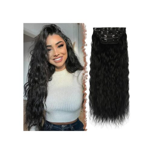 FESHFEN Clip in Hair Extensions for Women 4 PCS Thick Full Head Curly Wavy Clip in Extensions Synthetic Long Off Black Double Weft Hair Hairpieces 20 inch