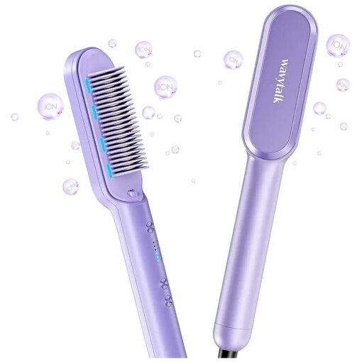 Wavytalk Ionic Hair Straightener Brush, Hair Straightening Comb with Negative Ions, Anti-Scald Ceramic Flat Iron Comb Fast Heating for Home Salon, Dual Voltage, Purple .