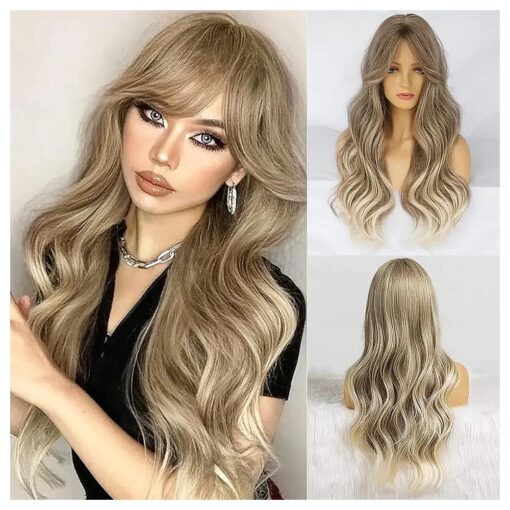 Ebingoo Ombre Blonde Wig with Bangs + Wig Cap Ombre Blonde Curly Wig with Bangs Blonde Wavy Wig for Women Synthetic Wigs Ombre Wig with Middle Part Heat Resistant Wig for Girls Women Daily Wear