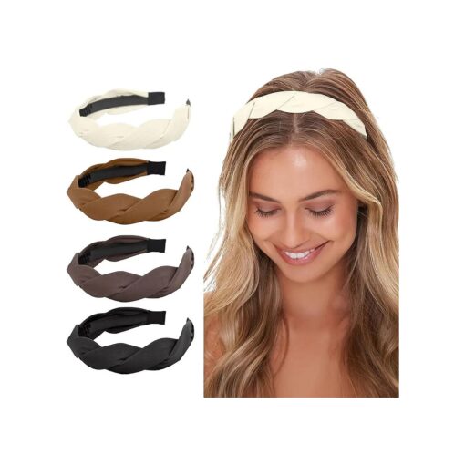 WOVOWOVO 4 Pieces Braided Headband for Women Girls Wide Hairband Fashion Non Slip Hairhoop Weaving Shape Accessories Solid Colors