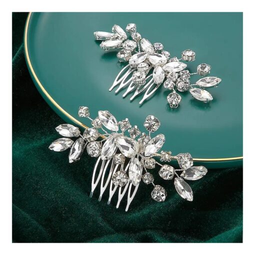 2 Pcs Bridal Wedding Hair Comb Rhinestone Silver Bridal Side Comb Opal Crystal Hair Piece Hair Accessories for Women and Girls