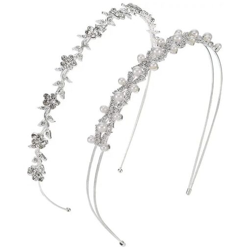 Pangda 2 Pieces Rhinestone Bridal Crystal Women 's Headband Wedding Flower Girl Pearl Diamond Slim Thin Silver Flower Leaves Crown Hair Band Accessories Headpiece Tiara for Bride Bridesmaids