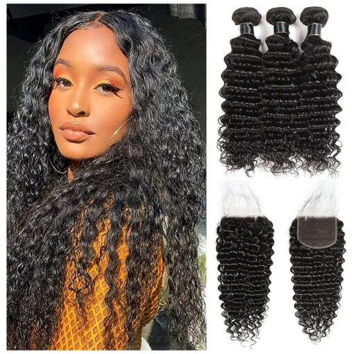 Deep Wave Bundles with Closure ( 18 20 22+16 ) Wet and Wavy Human Hair Bundles with Closure 10A Brazilian Virgin Curly Hair Weave 3 Bundles with 4x4 HD Lace Closure Free Part Natural Color