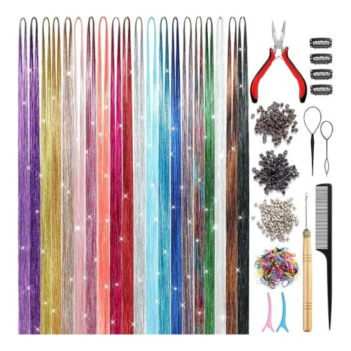 Hair Tinsel Kit ( 20 Colors, 4400 Strands, 48 Inches ) Sparking Tinsel Hair Extensions Kit with Tools, Fairy Hair Tinsel Kit Heat Resistant Highlights Glitter Hair Extensions Hair Tensile Kit