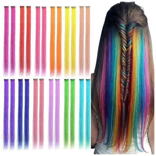 24PCS 12 Colored Clip in Hair Extensions 22inch Rainbow Heat-Resistant Straight Highlight Hairpieces Halloween Cosplay Party Christmas New Year Hair Accessories Gift for Teen Girls Kids