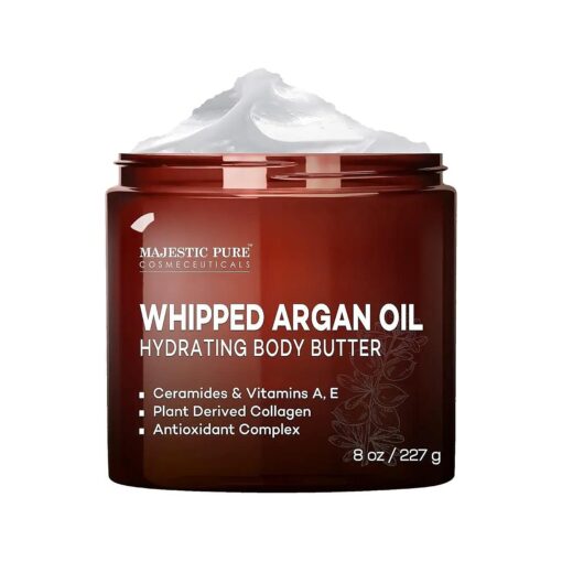 MAJESTIC PURE Whipped Argan Oil Body Butter for Women & Men - With Ceramides, Vitamin E & A & Vegan Collagen - For Skin, Face, & Appearance of Wrinkles & Fine Lines - 8oz