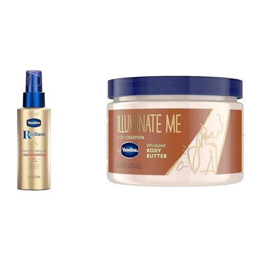 Vaseline Radiant X Replenishing Body Oil with Jojoba & Coconut Oils 3.7oz + Illuminate Me Shea Butter Whipped Body Butter for Melanin Rich Skin 11oz