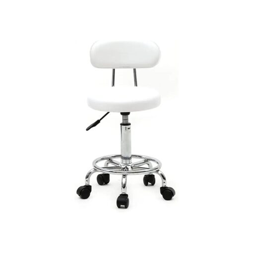 WEI WEI GLOBAL Adjustable Spa Stool, PU Leather Cushioned Salon Seat, Rolling Swivel Office Chair, Massage Barber Stool on Wheels for Drafting Tattoo Beauty Facial Spa ( w/backrest, White )