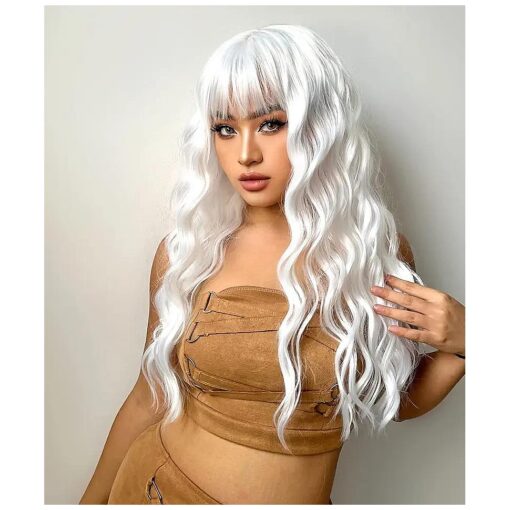 AISI BEAUTY White Wig with Bangs Long Wavy Wigs for Women Heat Resistant Synthetic Hair Wigs for Cosplay Party Wear 24 Inch