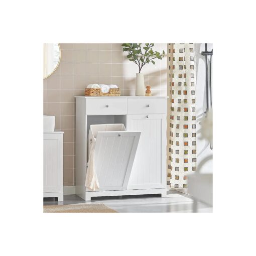 Haotian BZR33-W, White Bathroom Laundry Cabinet with 2 Baskets and 2 Drawers, Tilt-Out Laundry Hamper, Bathroom Storage Cabinet Unit with Drawer