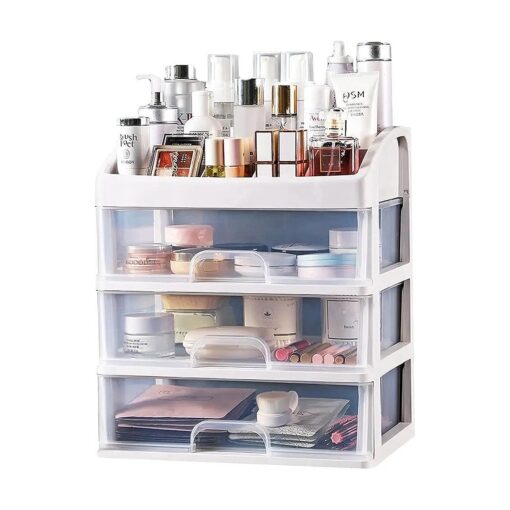 Makeup Organizer for Vanity, Skincare Organizers with 3 Drawers, Cosmetics Organizer for Skin Care, Eyeshadow, Brushes, Lipstick, Powders, Nail Polish.Great for Dresser, Bedroom, Bathroom ( White )