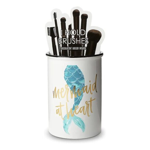 Ceramic Makeup Brush Holder Storage with Cute Sayings, Cosmetic Organizer for Make Up Brushes and Accessories - Round White Cosmetics Cup for Bathroom Vanity Countertop ( Mermaid )